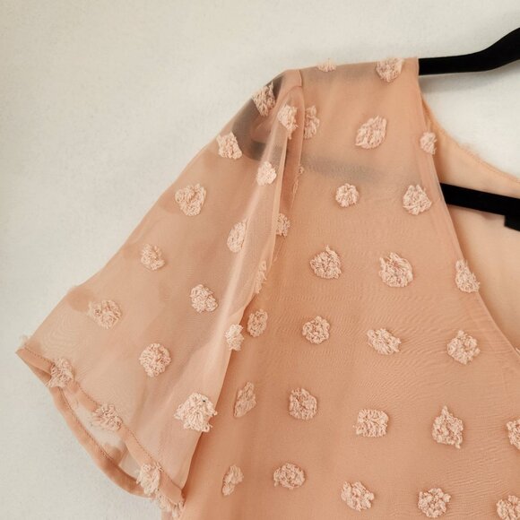 Lulus Blush Pink French Dot Blouse Short Sleeve Chiffon Office Women's S - Picture 4 of 7